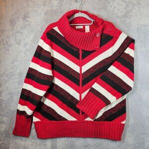 Liz & Co. Womens 3X Striped Red Black Sweater Button Cowl Collar career casual